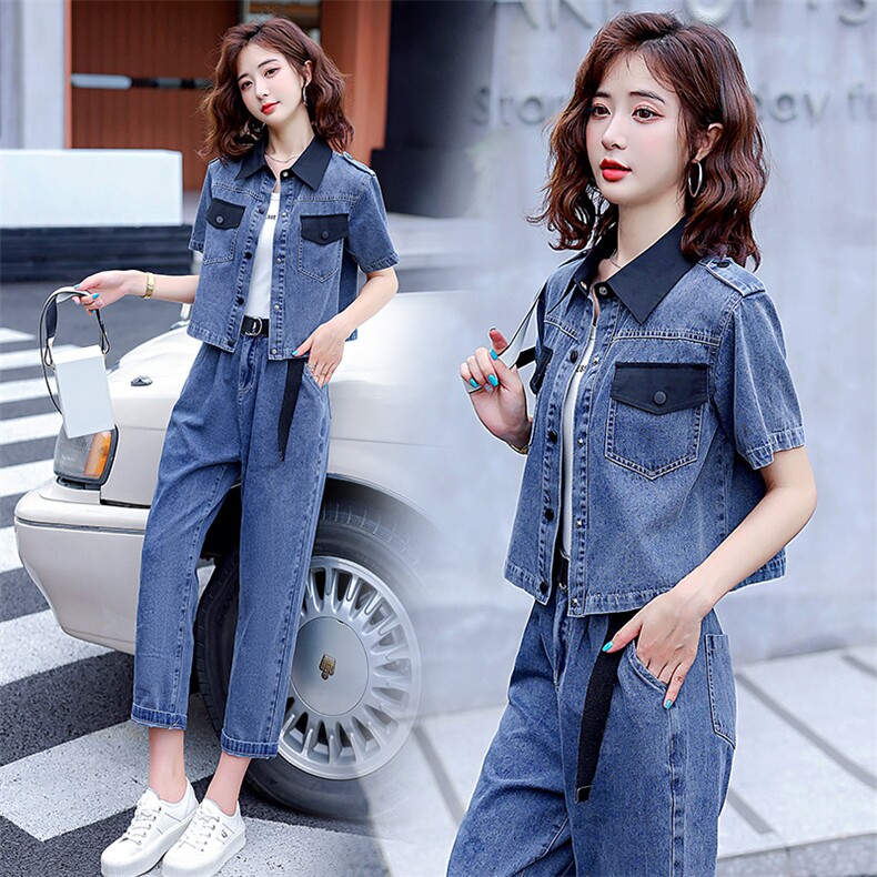 现货，新款韩版撞色宽松休闲牛仔裤两件套工装风休闲减龄显瘦潮女，女装套装/套裙，E百度