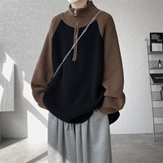 8XL-M撞色半拉链毛衣宽松慵懒风插肩袖大码针织衫外套MY1513/P75，男装针织衫/毛衣，电商B238