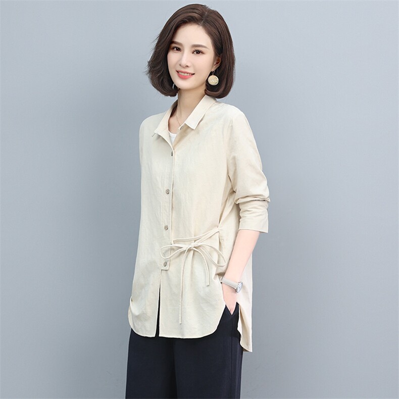 纯棉衬衫2022春季流行百搭设计感复古收腰长袖衬衣女,女装衬衫,雪樱依海