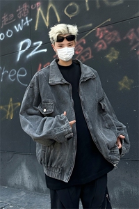 小众boxy水洗重工倒装短款立领牛仔外套男秋美式潮牌街头宽松夹克图片