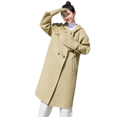 新品现货2025秋冬新款双面羊毛大衣中长款连帽送手套休闲时尚保暖，女装双面呢大衣，金巴黎