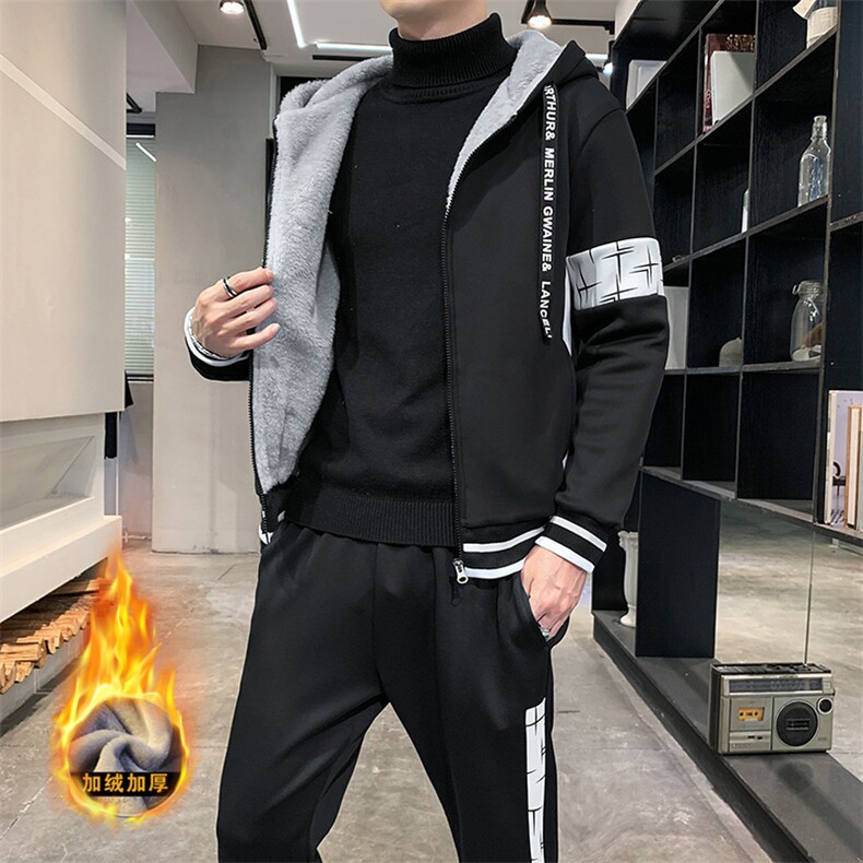 2023新款冬季加绒加厚两件套运动休闲学生卫衣保暖套装男G05P95,男装休闲套装,电商A086
