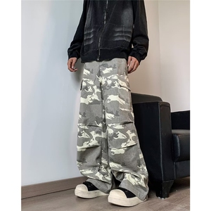 迷彩牛仔裤男美式小众宽松休闲褶皱解构多口袋阔腿裤B0013/P64图片