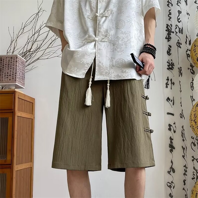 新中式风盘扣短裤男女夏薄款冰丝速干亚麻棉麻休闲5分裤子DK031,男装牛仔裤,星座601-2