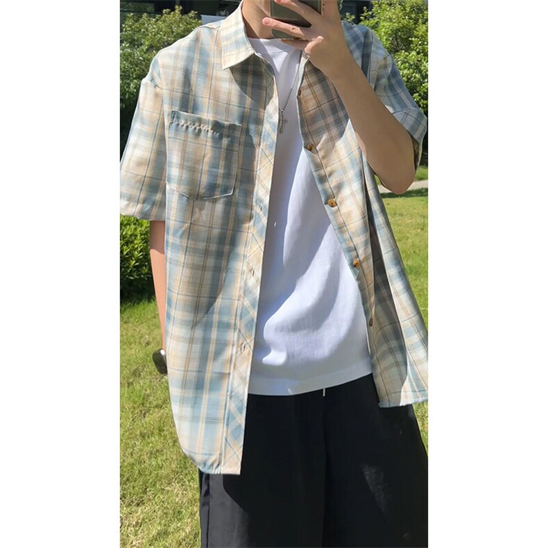 藏青格子短袖衬衫男款夏季薄款格纹撞色衬衣少年感穿搭五分袖外套,男装衬衫,电商A007
