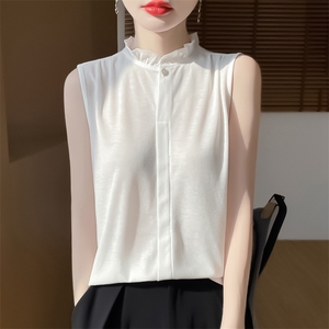 无袖女夏季木耳领袖衫宽松简约百搭纯色女上衣图片