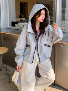 蓝色连帽冲锋衣外套女2025春秋季新款设计感休闲显瘦工装夹克上衣图片