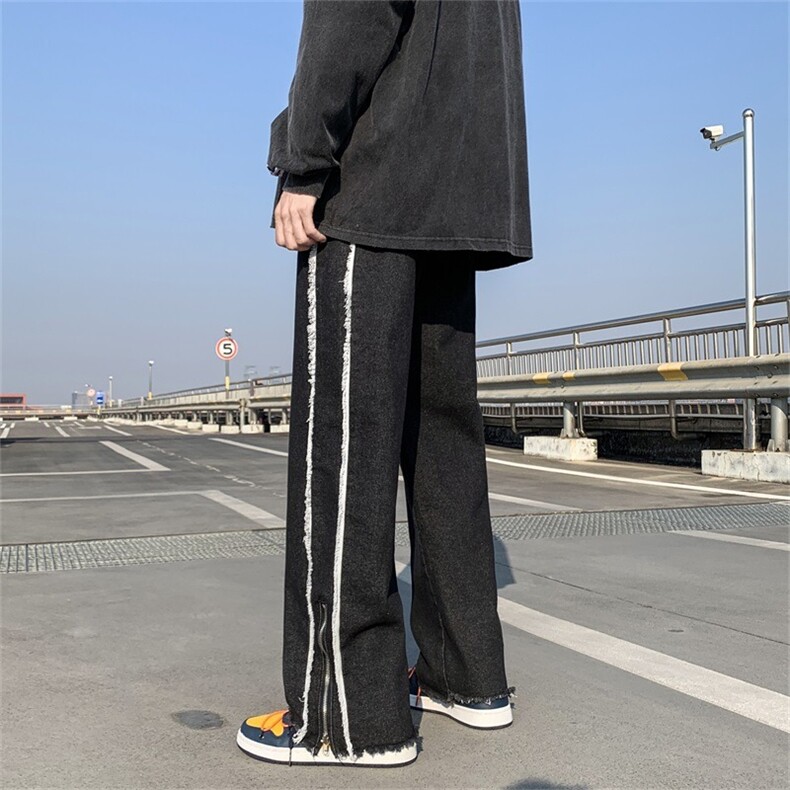 织带条纹牛仔裤男韩版潮流宽松直筒阔腿休闲长裤高街裤NK454-P40,男装牛仔裤,星座302B
