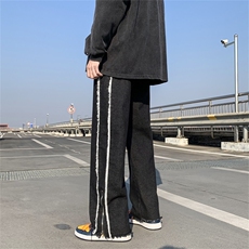 织带条纹牛仔裤男韩版潮流宽松直筒阔腿休闲长裤高街裤NK454-P40，男装牛仔裤，星座302B