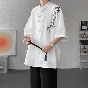 新中式风立领天丝亚麻短袖衬衫大码竹叶刺绣半袖衬衣DC5008/P55图片
