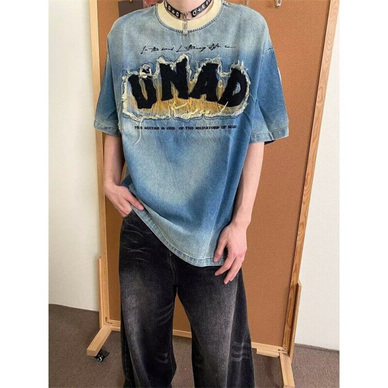 Q409-P55牛仔复古高级感刺绣贴布撞色设计感短袖T袖男女潮上衣,男装T恤,星座911-1