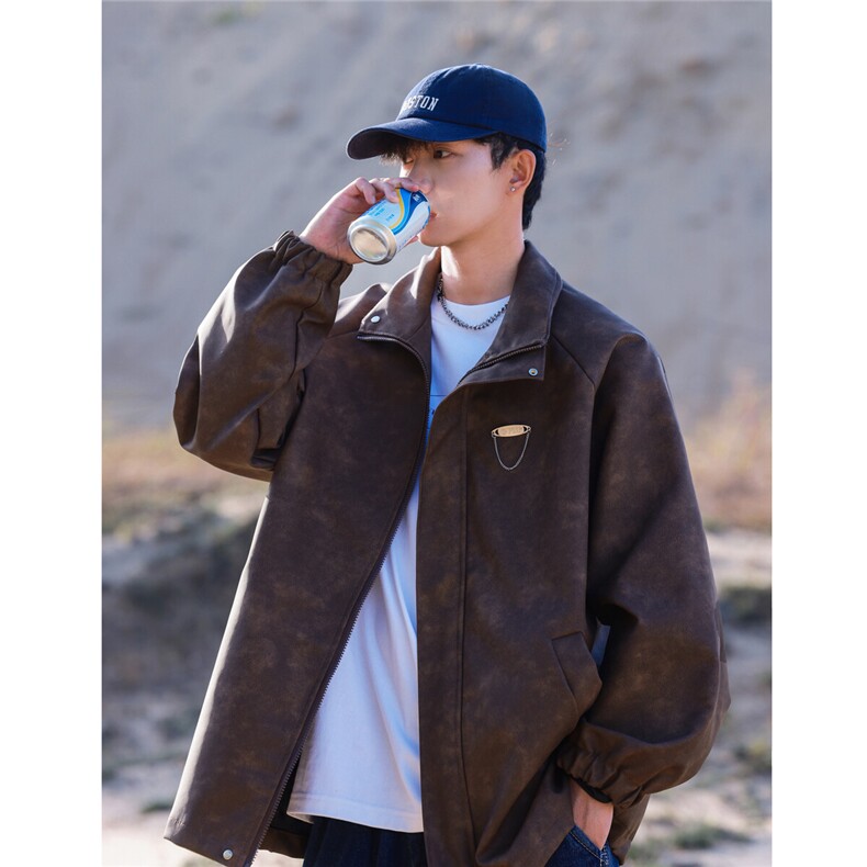 1立领PU皮复古做旧面料可拆卸胸针大码M-5XL夹克JK77758P90控128，男装夹克，星座226-2