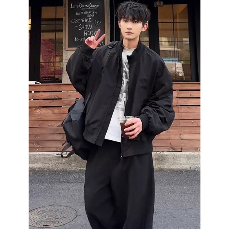 现货26春装美拉德立领飞行夹克纯色复古廓形高街棒球服外套,男装夹克,电商A486