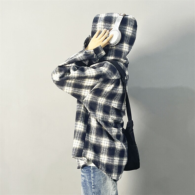 2025新款连帽衬衫格子外套潮流百搭长袖上衣A086-SY6292-P50，男装夹克，电商基地A086