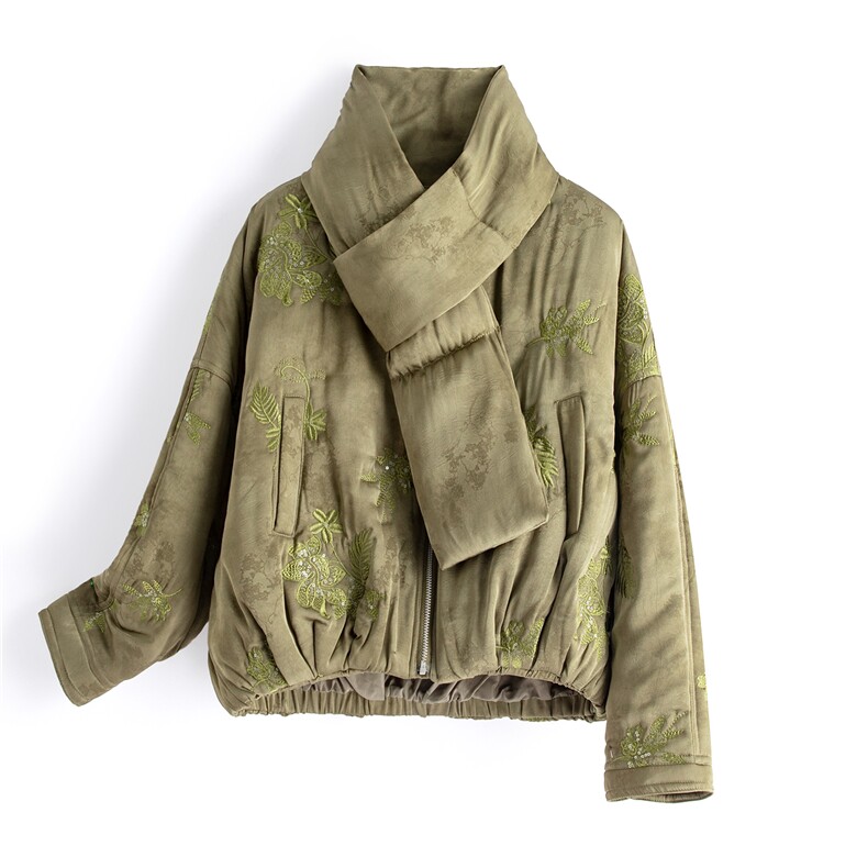 水衣源889款刺绣带围脖短款夹棉棉服外套女，女装棉衣/棉服，水衣源