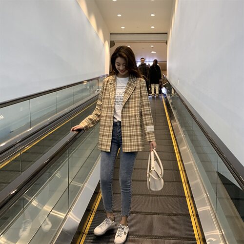 西装2021潮流时尚春季新款格子西装领排扣长袖宽松,女装西装,艾艾淮淮