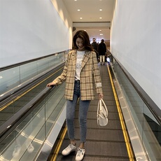 西装2021潮流时尚春季新款格子西装领排扣长袖宽松，女装西装，艾艾淮淮