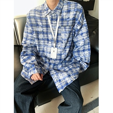 现货~扎染格子大码长袖衬衫C5885/特P28蓝，男装衬衫，电商A094