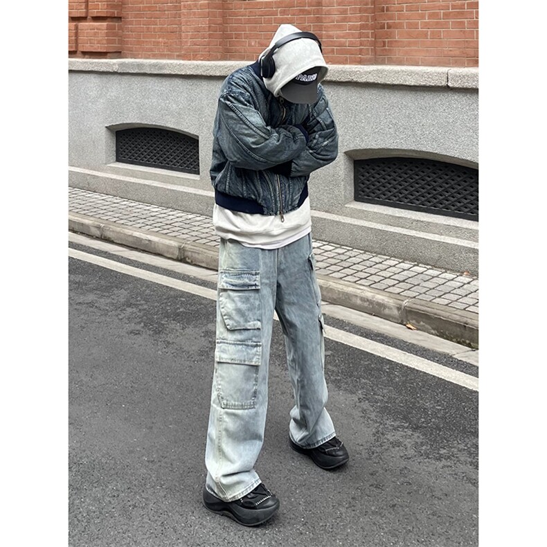 B221美式ins高街重工艺宽松做旧工装牛仔裤子LK23143-P80控108,男装牛仔裤,电商B221