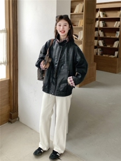 美式复古机车女孩皮衣女2026新款春季翻领宽松高级格纹撞色外套，女装皮衣，艾米莉亚