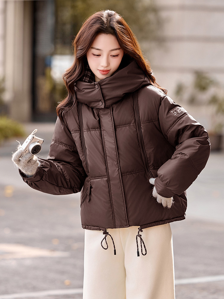 现货冬装新款简约时尚保暖休闲拼接连帽PU加厚棉服棉衣外套,女装棉衣/棉服,韩美纤衣