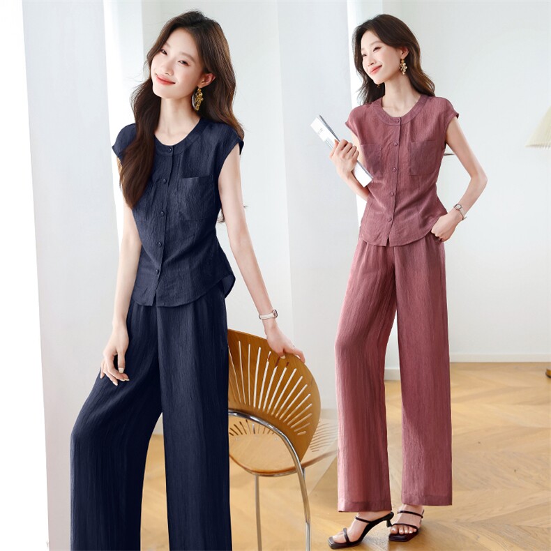 通勤休闲薄款衬衫上衣套装女2025年夏季新款小个子休闲裤两件套潮，女装套装/套裙，梦依杭