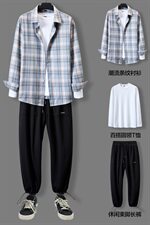 男春秋季韩版潮流衬衫一套搭配衣服帅气套装休闲三件套DF163T，男装衬衫，电商A102