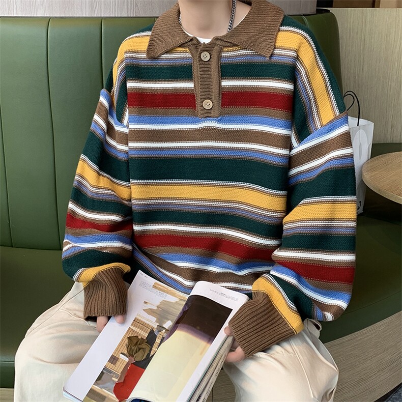港风秋款男POLO领毛衣条纹拼色针织衫休闲打底外套M218P45,男装针织衫/毛衣,星座1013-1