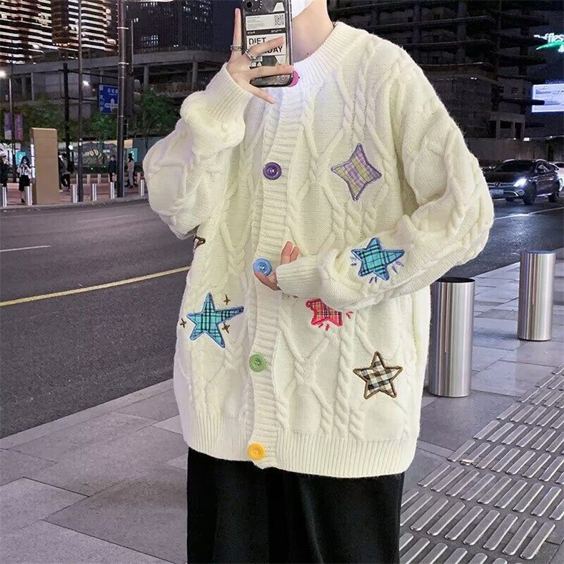 潮牌奶甜系刺绣毛衣开衫男女情侣复古oversize慵懒外套M238,男装针织衫/毛衣,星座1116A-1（原606A）