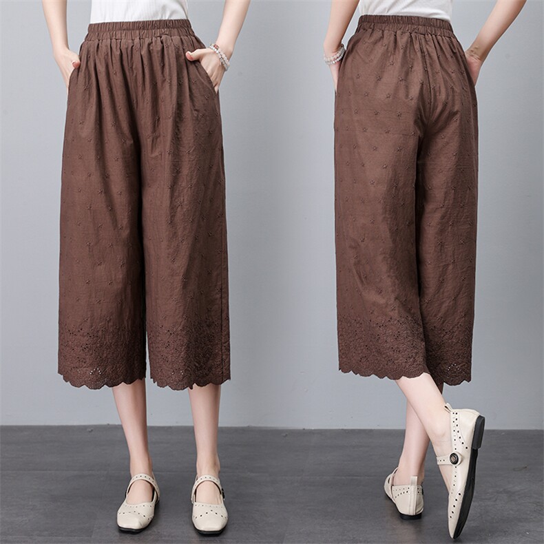 夏季复古刺绣七分裤女2024新款时尚松紧腰波浪边全棉休闲裤，女装大码女装，奕阳依阁
