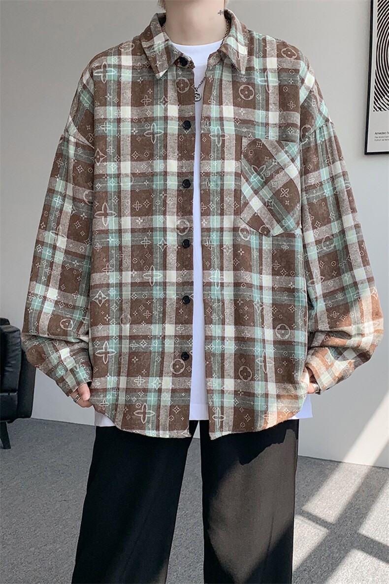 衬衫男秋季新款港风宽松大码磨毛格子扎染长袖衬衣CS507-P35,男装衬衫,星座214-3