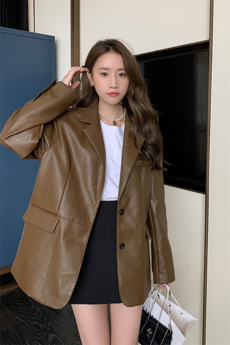 咖色皮衣西装外套女2023年春秋新款韩系高级感小个子炸街休闲西服,女装西装,2C037
