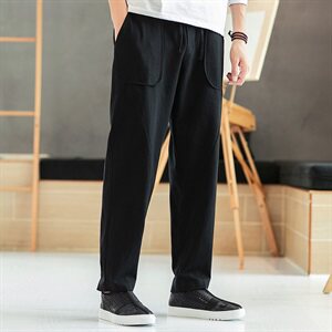 2021春秋季新款男装 风宽松棉麻休闲裤藏青图片