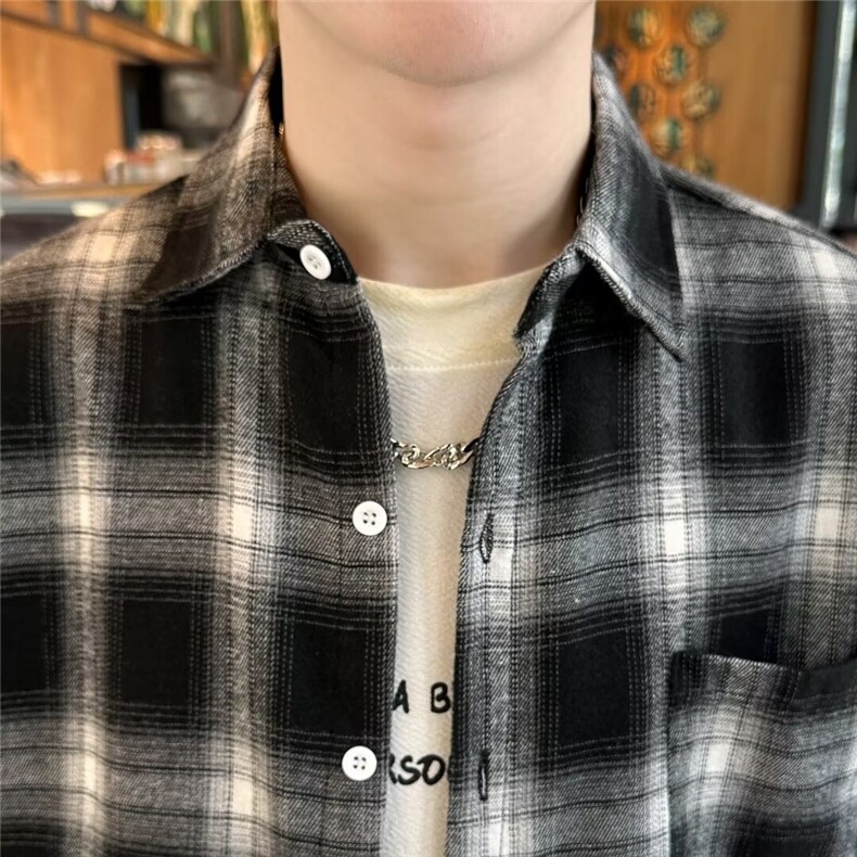 春秋季新款长袖格子衬衫美式复古潮牌宽松休闲上衣外套,男装衬衫,星座410-7