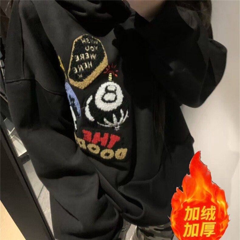 美式复古重工刺绣植绒徽章连帽加绒卫衣男秋冬情侣上衣F1012加绒,男装卫衣,星座208-5