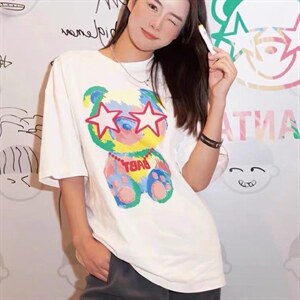 新款百搭减龄彩色五角星小熊发泡印花宽松显瘦短袖T恤图片
