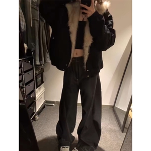 美式cleanfit毛茸茸座山雕连帽夹克棉服男女冬季加厚短款工装外套图片