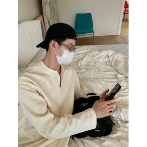 (网图慎用)肌理感V领大码长袖T恤男宽松打底上衣T24518-特P42控78图片