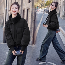 2024新款冬季90%加厚小个子短款拼接仿羊羔毛领羽绒服外套，女装羽绒服，瑶迪依秀