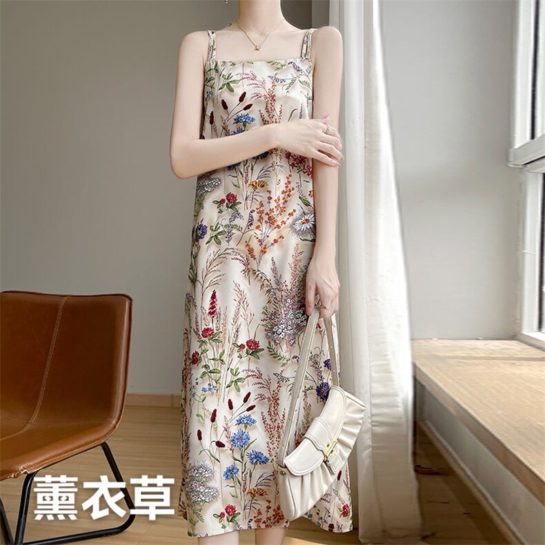 夏季高级吊带连衣裙女西装内搭无袖V领醋酸缎面长款打底背心长裙,女装连衣裙,思沃羊绒