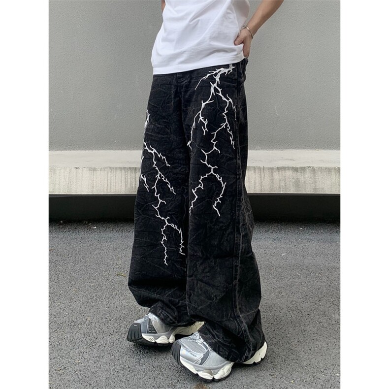 美式复古闪电刺绣直筒牛仔裤男高街vibe嘻哈潮牌宽松拖地休闲长裤图片