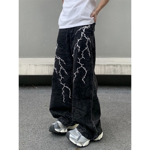 美式复古闪电刺绣直筒牛仔裤男高街vibe嘻哈潮牌宽松拖地休闲长裤