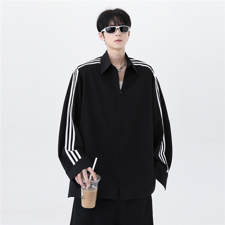 现货美式条纹衬衫男拼接三条杠长袖衬衫可二开CS22-P48,男装衬衫,电商C307