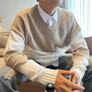 秋冬款欧美跨境男女装针织衫V领拼接撞色长袖百搭宽松