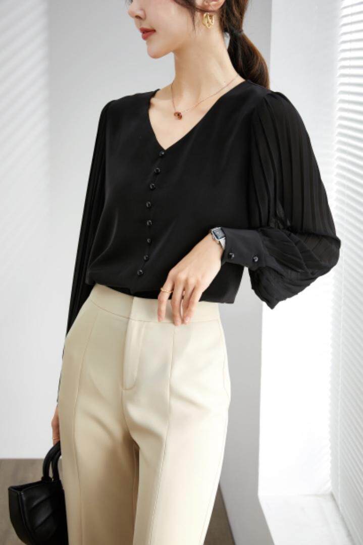 【现货】压皱雪纺上衣手工珍珠扣性价比高，商超订单，女装，苏诗丁