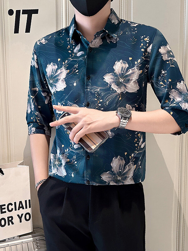 店主风社会小伙男士印花中袖衬衫男痞帅衬衣301A-1/CS581/P55,男装衬衫,星座301A-1