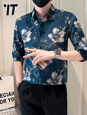 店主风社会小伙男士印花中袖衬衫男痞帅衬衣301A-1/CS581/P55，男装衬衫，星座301A-1