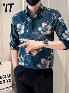 店主风社会小伙男士印花中袖衬衫男痞帅衬衣301A-1/CS581/P55图片