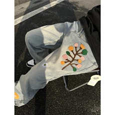 美式复古刺绣水洗牛仔裤男潮牌宽松情侣直筒阔腿裤EAA05-P52，男装牛仔裤，星座208-5