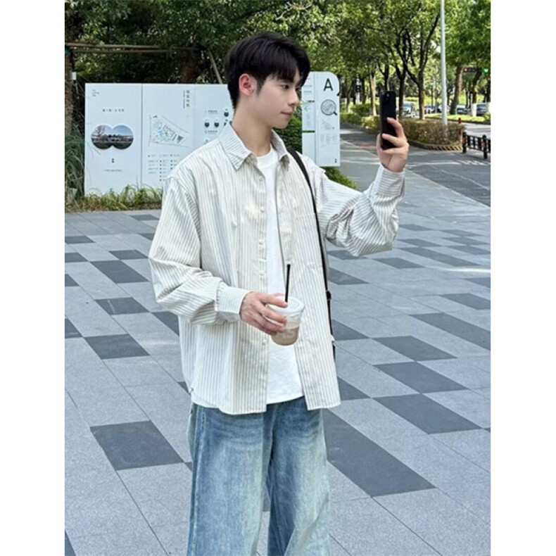 日系复古文艺风条纹长袖衬衫男春季轻奢透气翻领衬衣CHY10,男装衬衫,星座1116A（原606A-3）